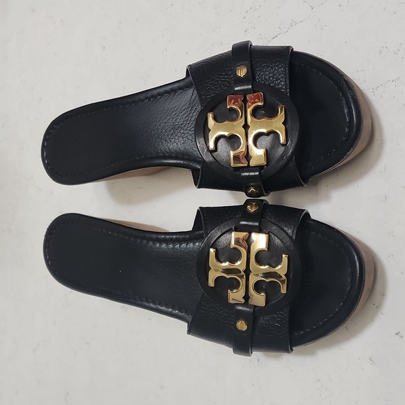 Tory Burch Shoes - Tory Burch Black Wedges with Gold Logo